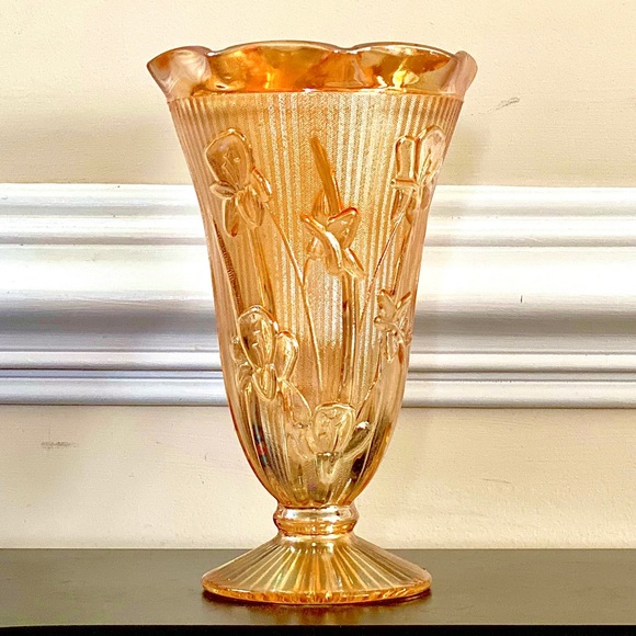 Jeanette Carnival Glass Other - Iris and Herringbone Vase, Marigold Carnival Glass